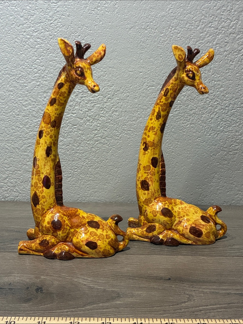 Pair of Vintage 1970s MCM Glazed Yellow Ceramic Giraffe Figurines